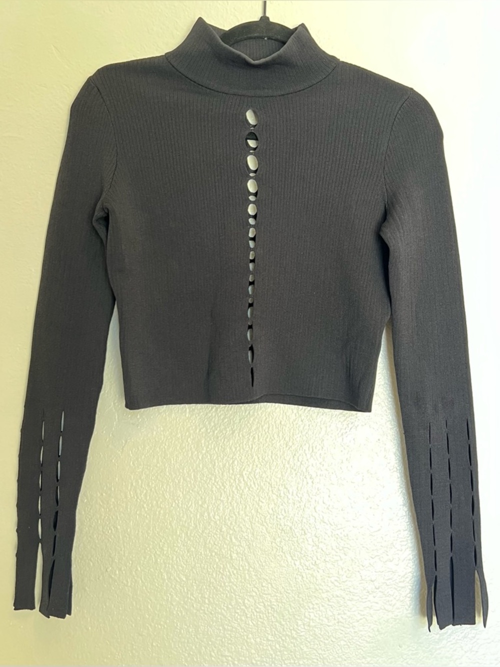Jonathan Simkhai Long Sleeve Ribbed Knit  Top Black Cut Out Slits XS